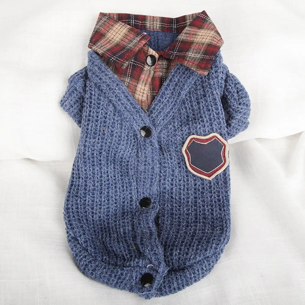 Cat Dog Clothes Pet Fake Two Pieces Plaid Pattern Lapel Sweater Autumn Winter