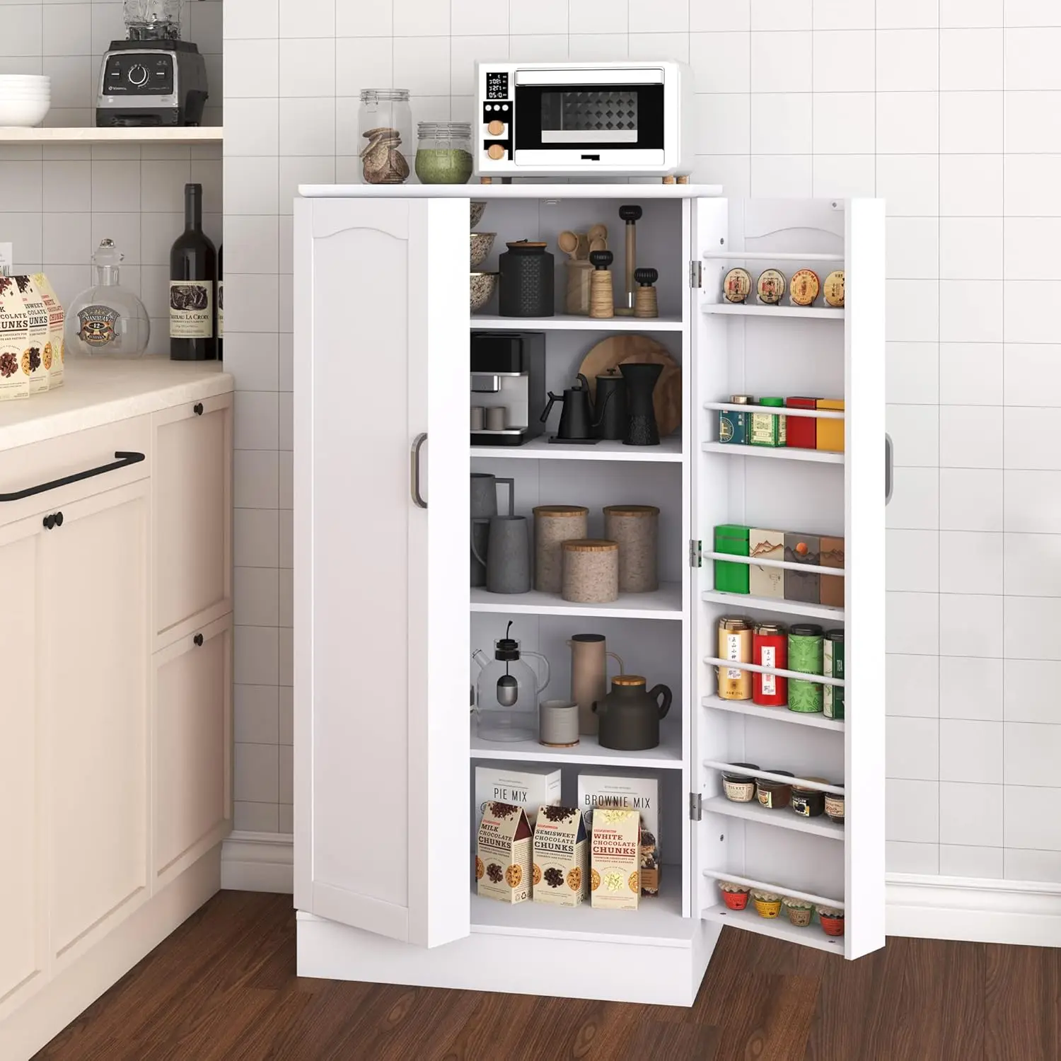 47” Kitchen Pantry Cabinet, White Freestanding Buffet Cupboards Sideboard with Doors & Adjustable Shelves Kitchen Pantry Storage 3