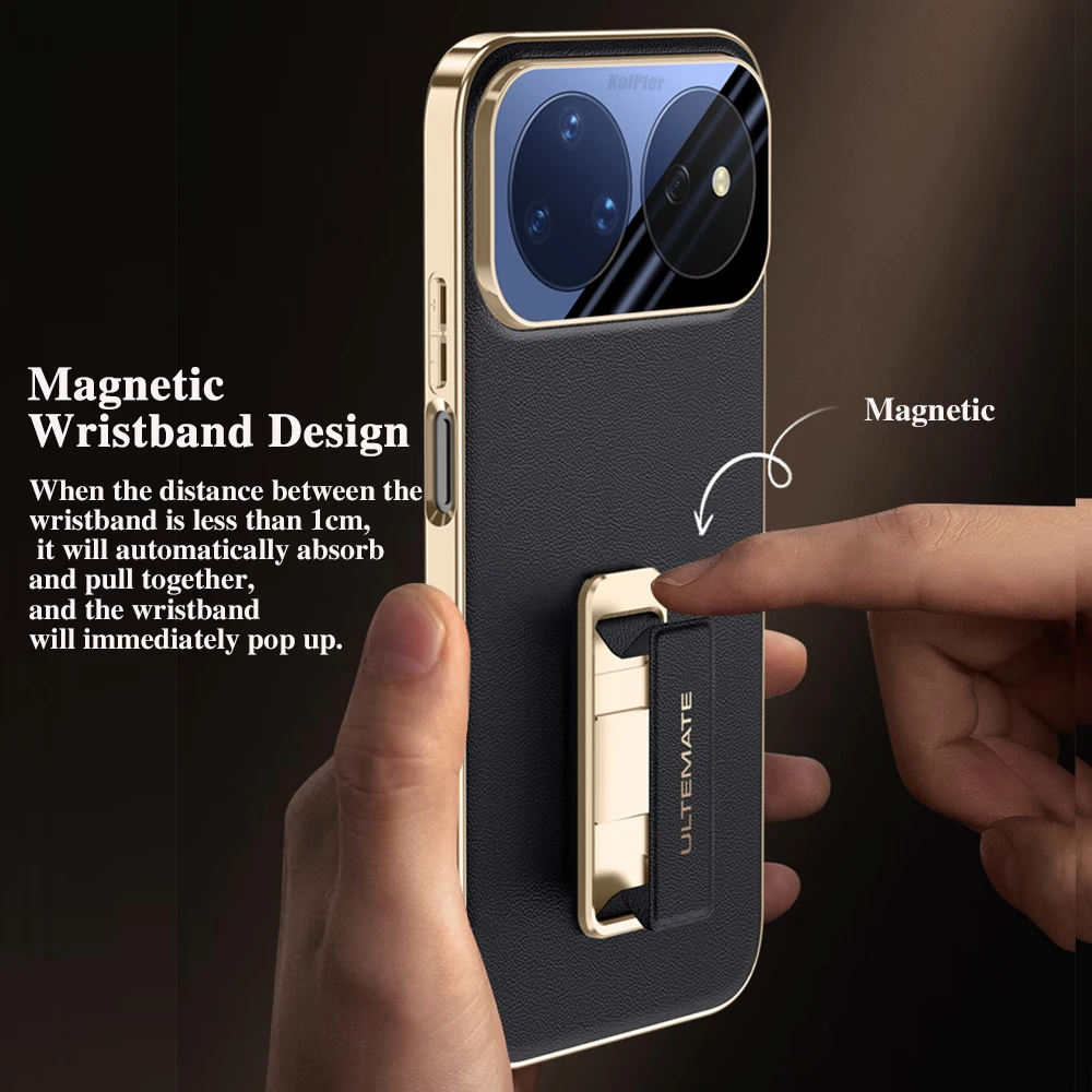 Luxury Plating Leather Case with Alloy Bracket and Wristband Holder - Hard Slim Texture Original Cover
