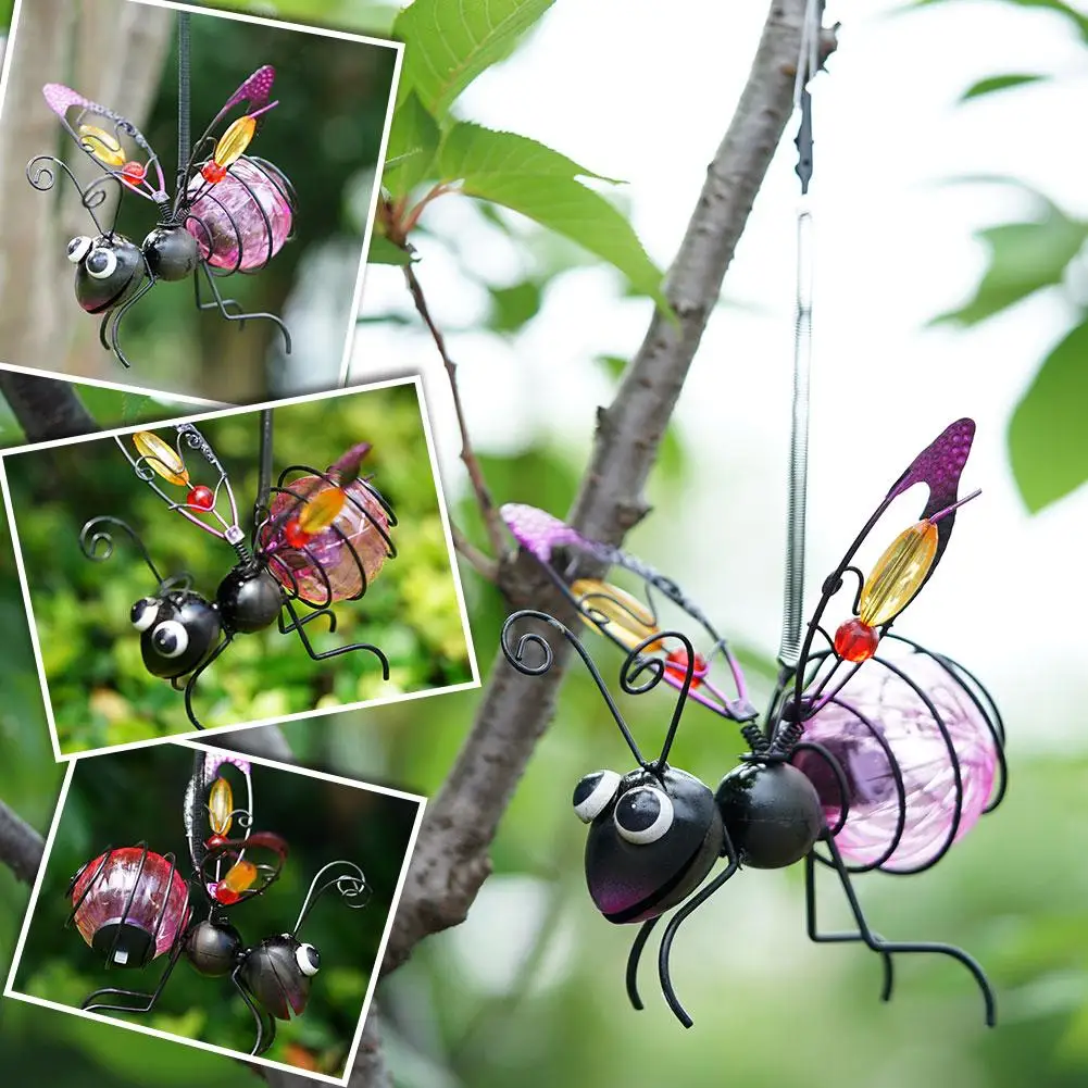 Solar Iron Insect Statue With LED Fairy Light Outdoor Waterproof Hanging Tree Ornament For Fence Yard Courtyard Garden Art Decor