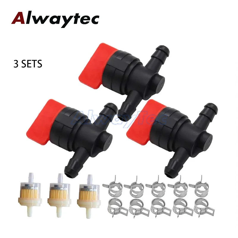 3 Sets 1/4" Straight in-Line Fuel Shut-Off Valve & Gas Fuel Filter & Clamps for Briggs Stratton Lawn Mower Universal