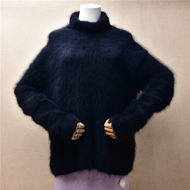 

Elegant Fashion Ladies Women Fall Winter Black Hairy Mink Cashmere Knitted Turtleneck Loose Pullover Angora Fur Sweater Jumper