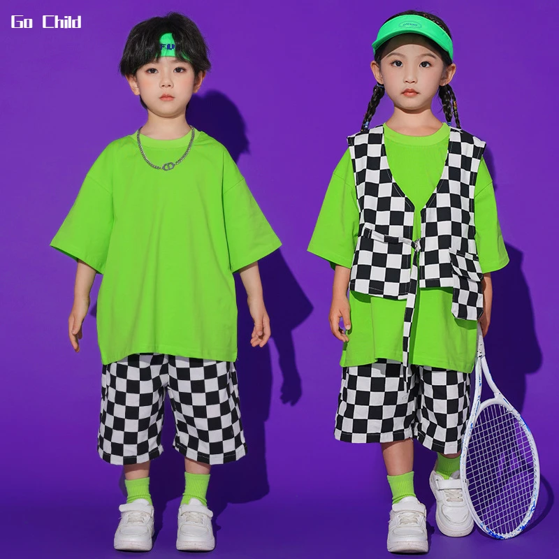 힙합 소년 솔리드 티셔츠 격자 무늬 조끼, 스트리트 댄스 반바지, 여아 여름 학교 의류 세트, 어린이 스트리트웨어, 유치원 의상