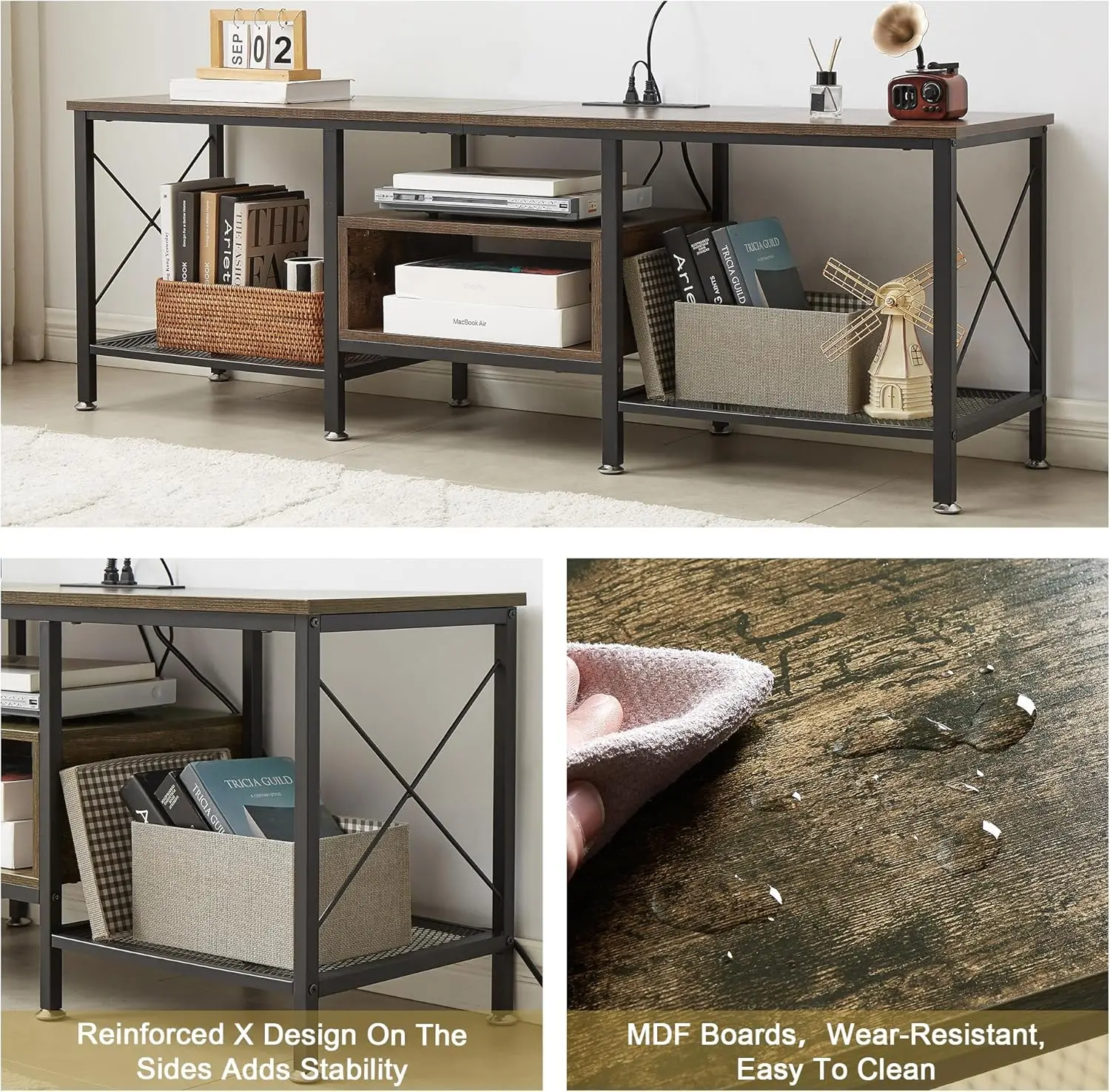 TV Stand with Power Outlets for 75" TVs, 70" Industrial Entertainment Center with Charging Station, 3-Tier Shelves – Brown