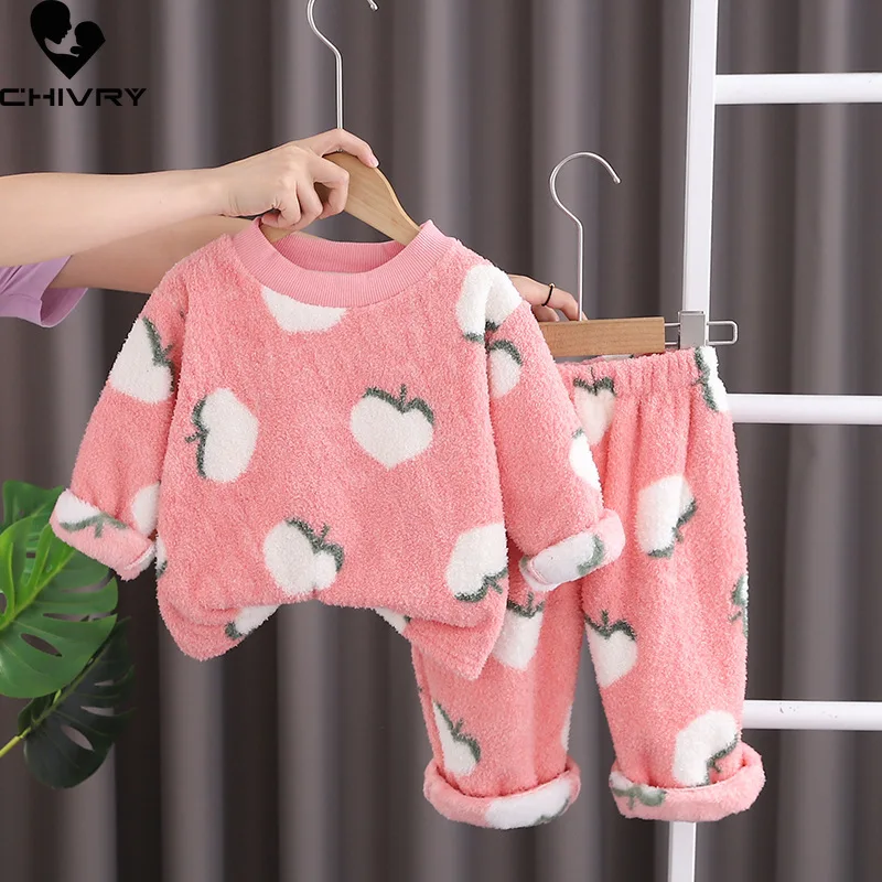 New Autumn Winter Kids Thicken Warm Flannel Pajamas Baby Boys Girls Cartoon Strawberry O-neck Clothing Sets Sleepwear Pyjamas