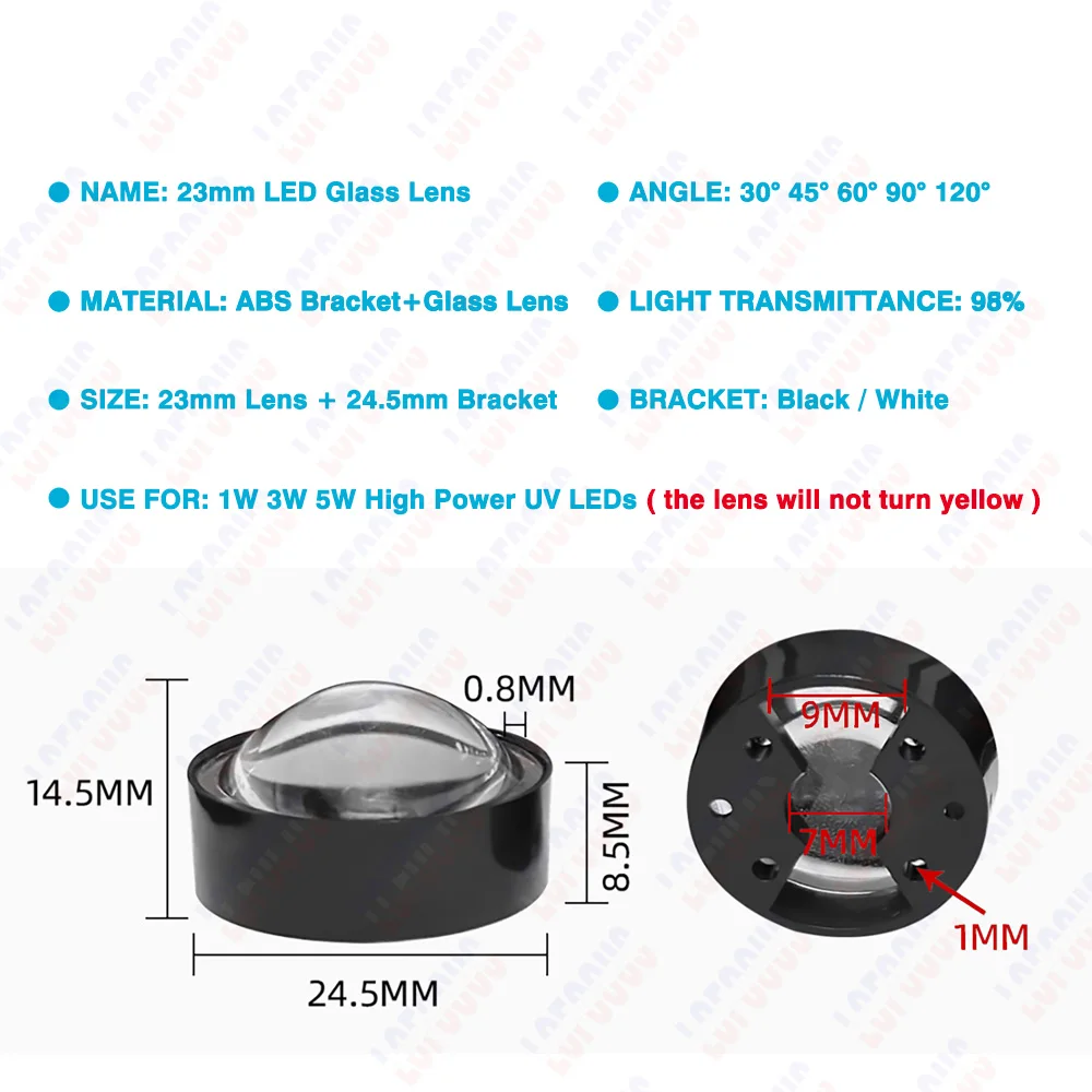Multi-Angle IR UV LED Glass Lens Reflector with Holder for High-Power Lamp Light Beads