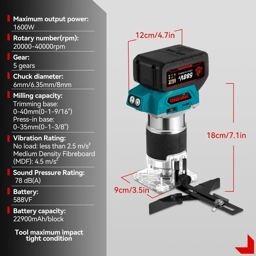 5 Speeds Brushless Electric Hand Trimmer 1600W Cordless Wood Router for Woodworking Engraving Slotting for 21V 18V Battery, wood router
