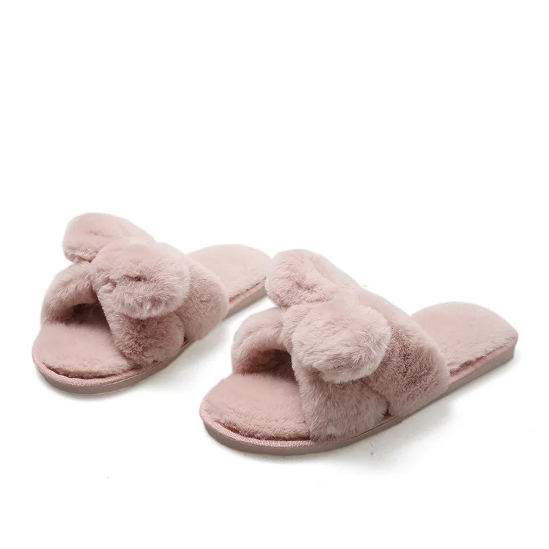

Women Slippers Winter Shoes Flat Sweet Home Slippers Woman Indoor Fur Warm Soft Slip On Black Grey Female Slipper