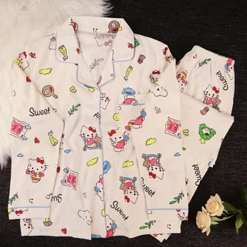 جديد مرحبا كيتي منامة مطبوعة مجموعة المرأة طويلة الأكمام ملابس خاصة المتسكعون مريح لطيف المنزل الزي ربيع الخريف الموضة الكورية 3