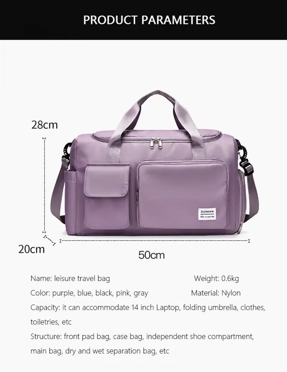Sports duffle bag suitable for gym and travel activities.