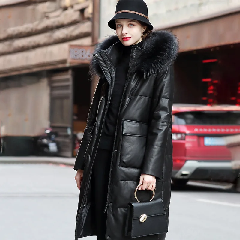

Women's Winter Warm Leather Down Jacket, Raccoon Fur Collar, Sheepskin Leather Coat, Simple Long Style, Genuine Leather