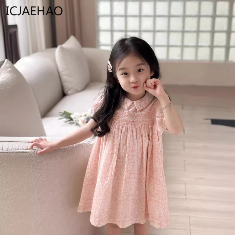 

ICJAEHAO 2024 Casual Fresh Print Embroidered Princess Girl's Skirt Children's Wear Cotton Korean Style Pastoral Dress Summer