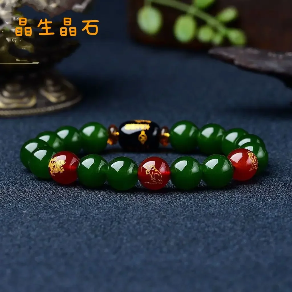 

Natural Green Agate Benmingnian Big Year Triple Chinese 12 Zodiac Bracelet Green Jade Amulet Prayer Hand String Couple Gift