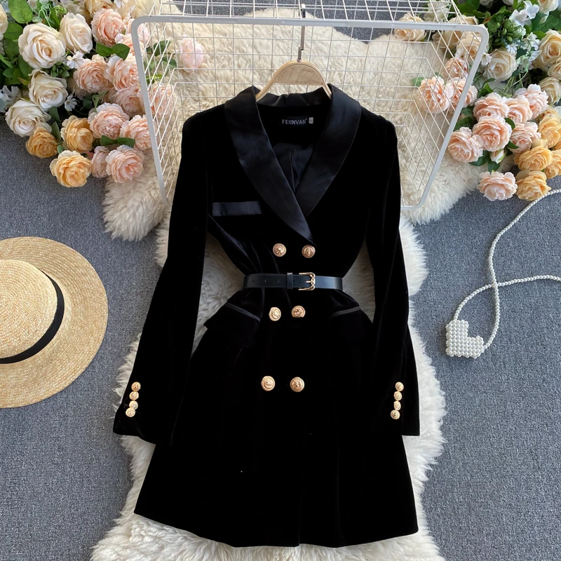 

Winter Dress Women 2023 New Suit Collar Belt Slim Velvet Evening Dresses for Women Clothing Mid-length Black Dress Vestidos Zm