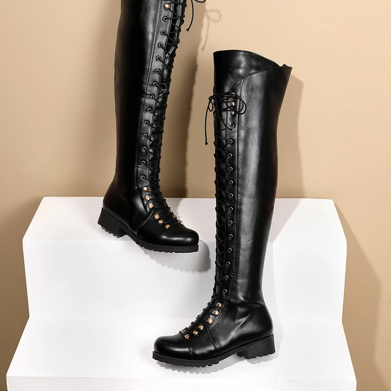 Rivet Metal Round Hole Cross Lace Up Thick Heel Long Tube Women's Boots Side Zipper Plush Inside Over-the-Knee Boots 2022 Winter