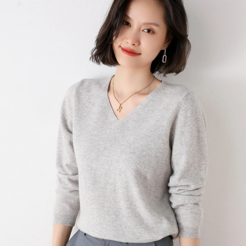 Women's 100% Pure Wool V-Neck Loose Pullover Sweater Basic Style All-Match Knitted Sweater women sweater