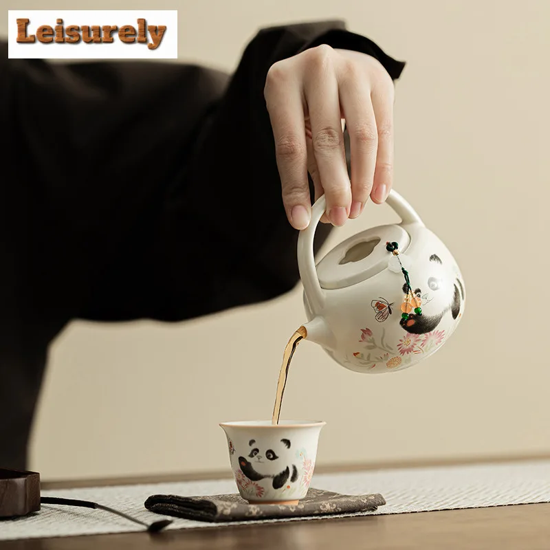 203ml Cream Ding Kiln Panda Playing Butterfly Teapot Elegant Tea Infuser Pot Tea Soaking Kettle With Strainer Tea Services Gift