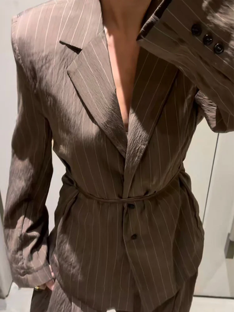 Women Lace Up Blazer Sets Elegant Office Fall Spring Striped Shoulder Pad Jacket Wide Leg Pants 2 Pieces Suit Fashion 2025 New