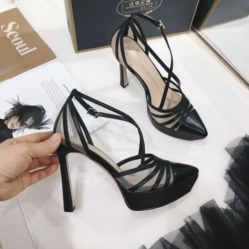 

2022 New Shallow Mouth Single Pumps Stiletto High Heel Waterproof Platform Pointed Toe Sexy Hollow Lady Temperament Sandals