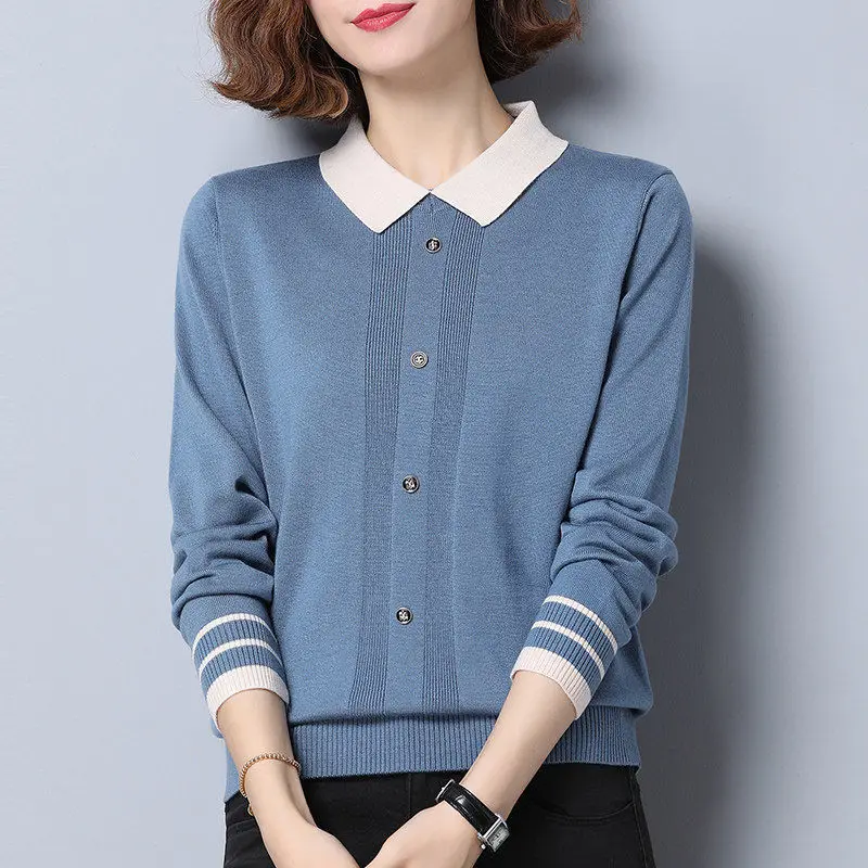 Fashion Lapel Knitted Button Spliced All-match Sweaters Women's Clothing 2022 Autumn New Oversized Casual Pullovers Korean Tops