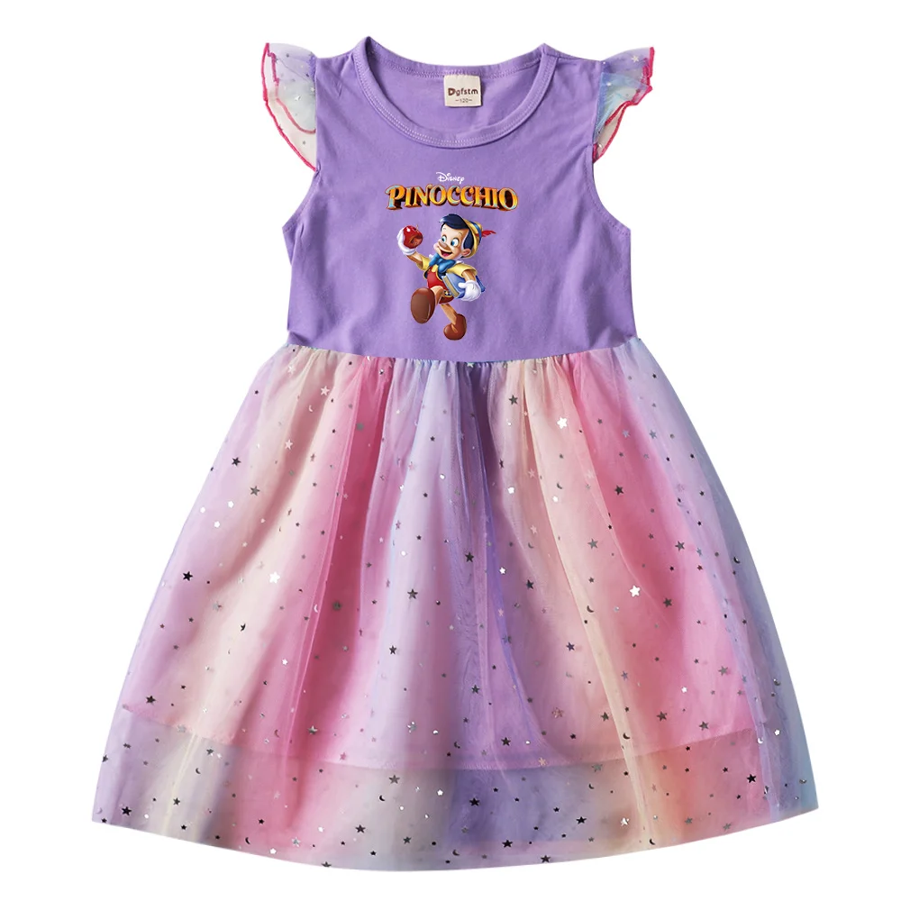 Disney Cartoon Pinocchio Toddler Prom Mesh Dresses Summer Kids Dresses For Girls Cartoon Manica Corta Princess Dress