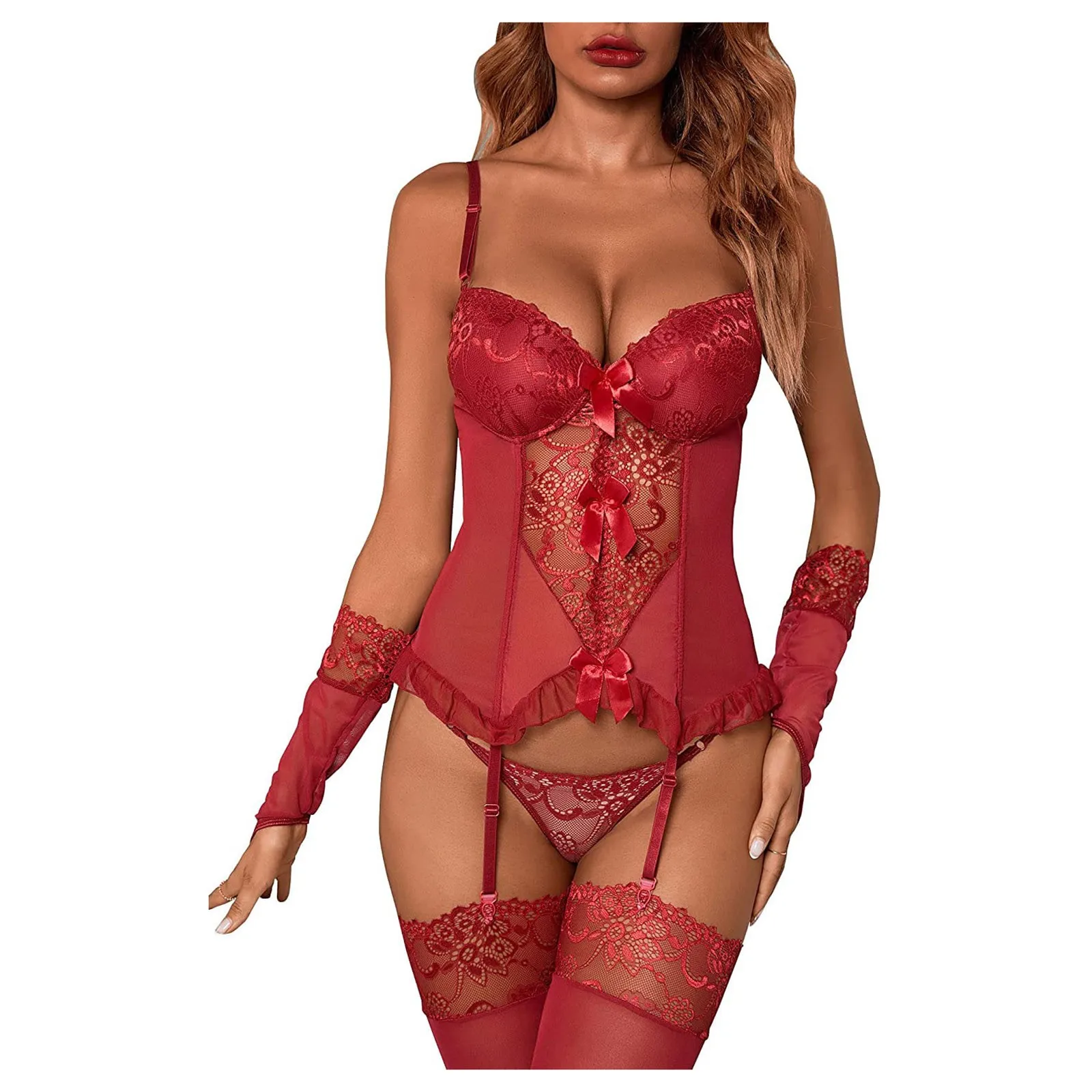 

Underwear Sexy Lingerie 3-Pieces Solid Color Lace Suit Sexy Garter Belt With Stockings Woman Erotic Lingeries Sets Sexy