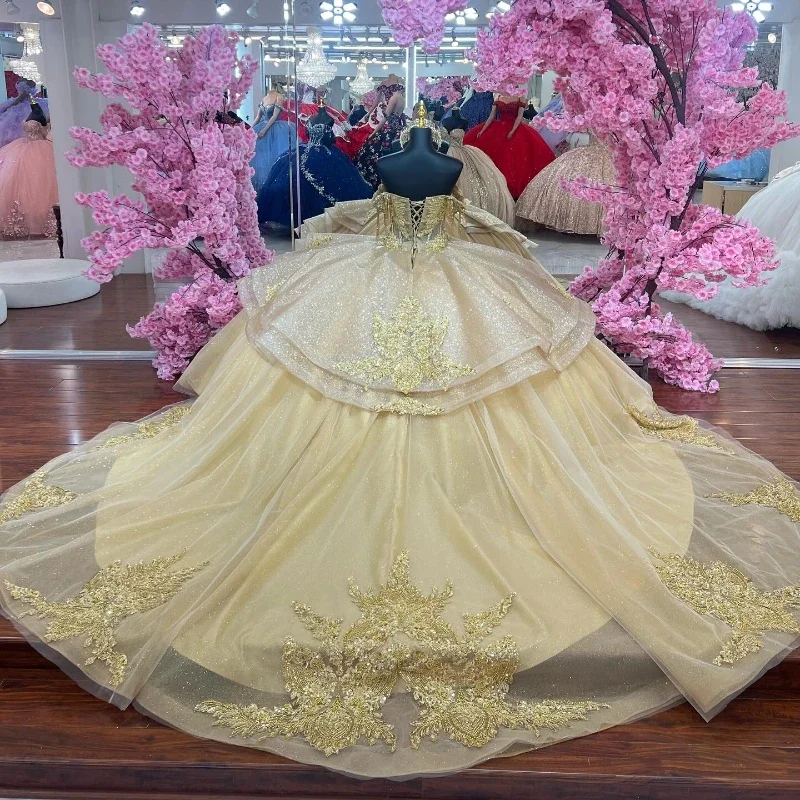 ANGELSBRIDEP Gold Ball Gown Quinceanera Dress Off Shoulder Appliques Lace Crystal Beads Tull Vestido De 15 A&ntilde;os Customized