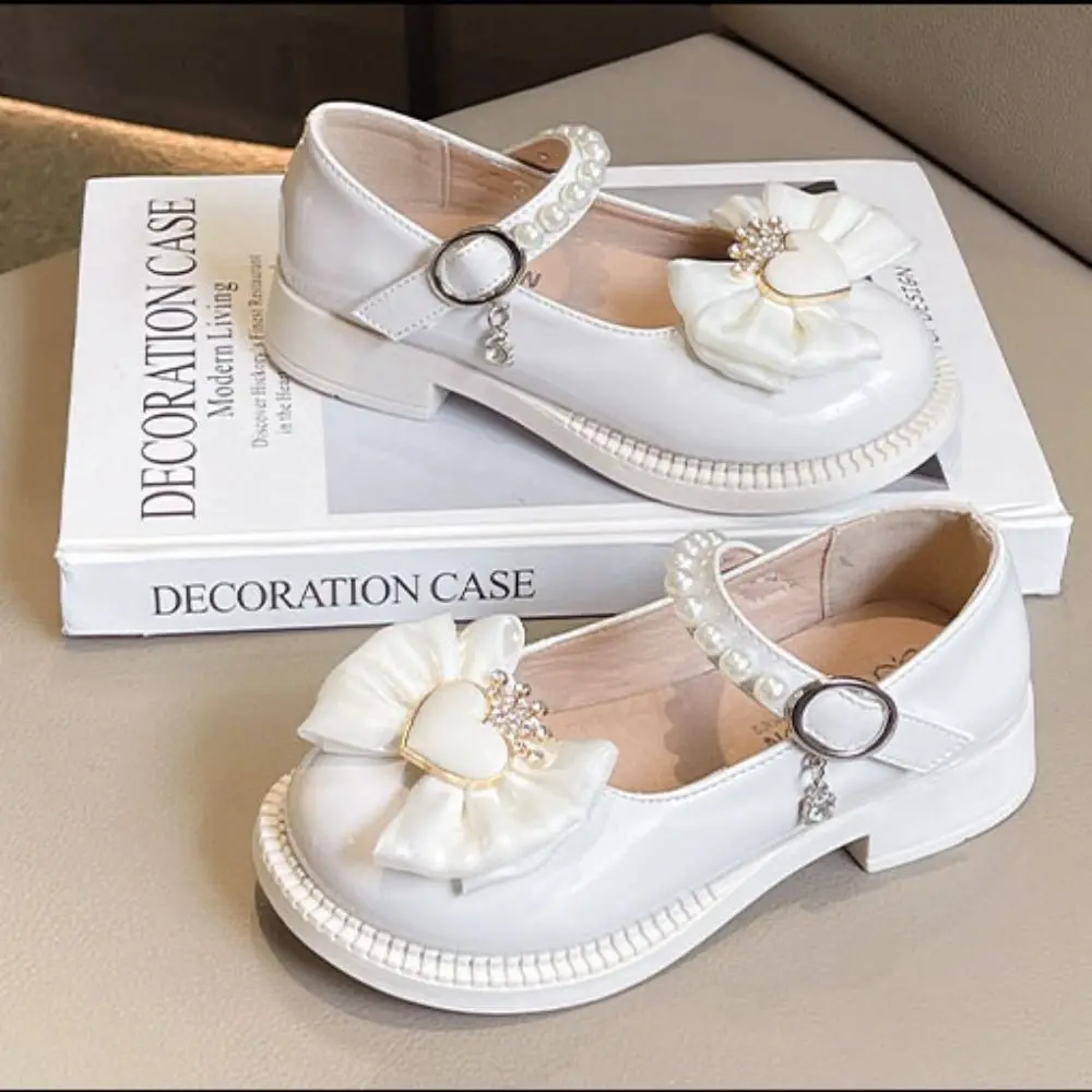 Pearl Children Leather Shoes Bowknot Soft Soled Mary Jane Shoe Slip-on Style Lightweight Girls Princess Shoes Little Girl