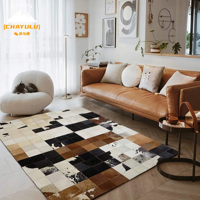 

2022 American Style Luxury Cowhide Fur Patchwork Rug, Natural Brown Color Fur Carpet for Living Room Decoration Office Carpet