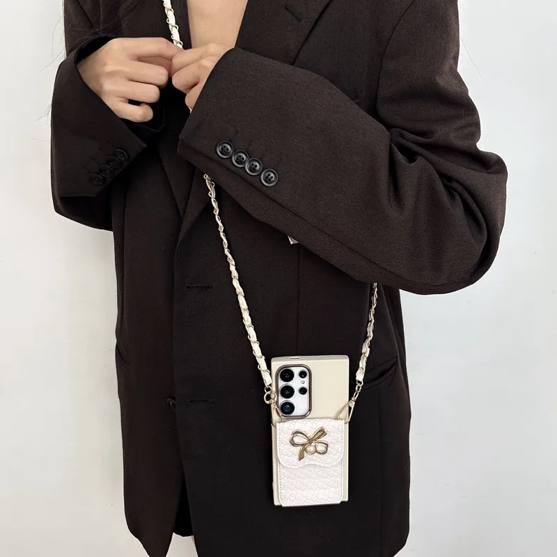 Elegant Chain Lanyard Leather Pearl Wallet Phone Case with Soft Cover