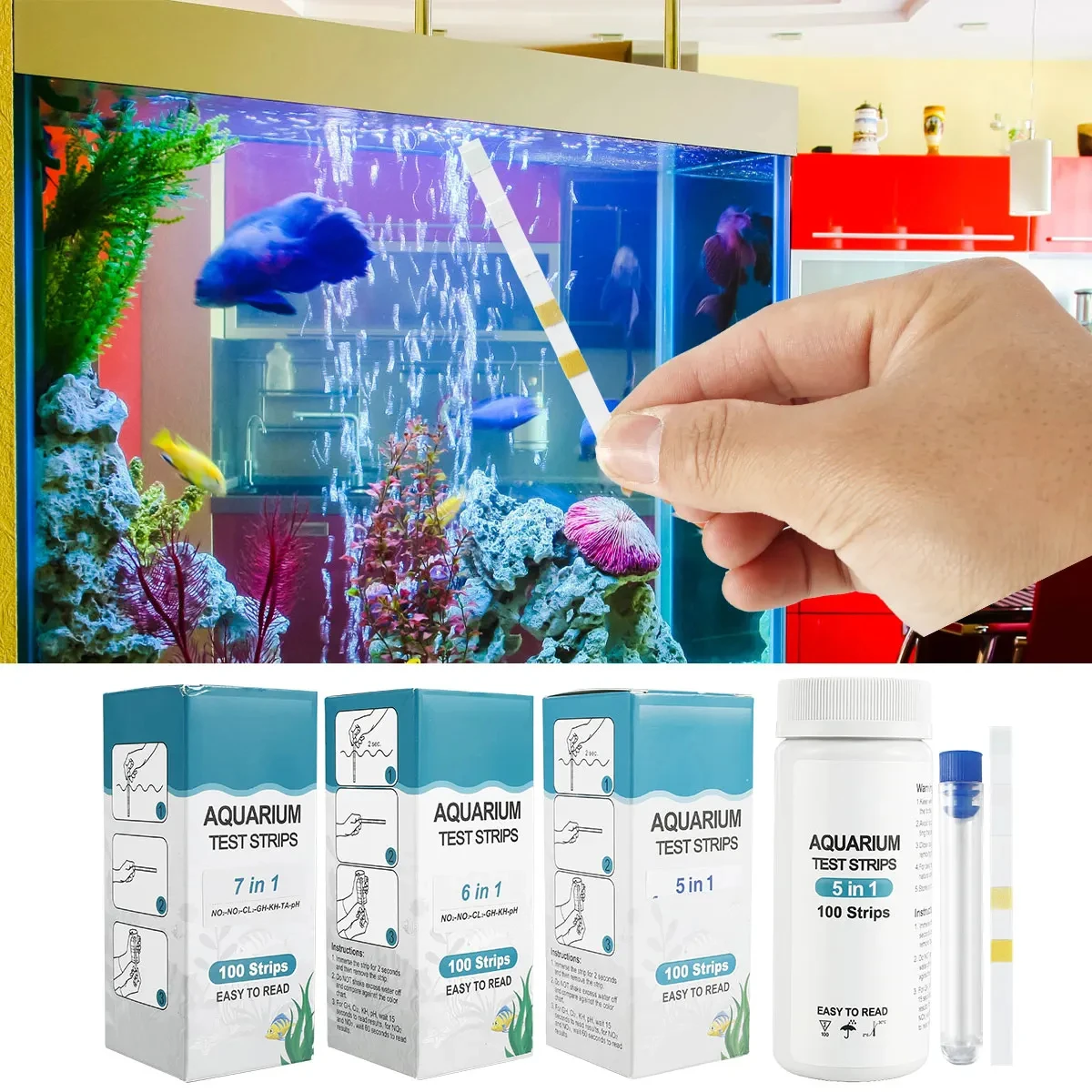 Aquarium Test Strips 7-IN-1 Fish Tank Test Kit to Detect PH NO3 NO2 GH KH CI TCL 100pcs