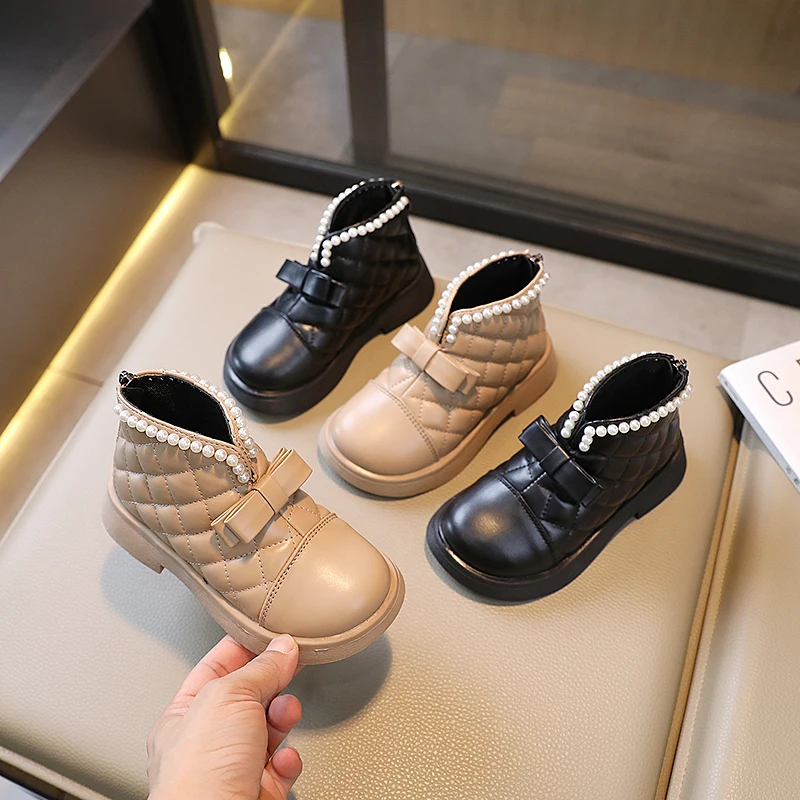 

Children's Black Short Boots for Girls Sewing 2023 Spring Autumn New Girls Bow Tie Princess Boots Chic Kids Fashion Pearls Boots