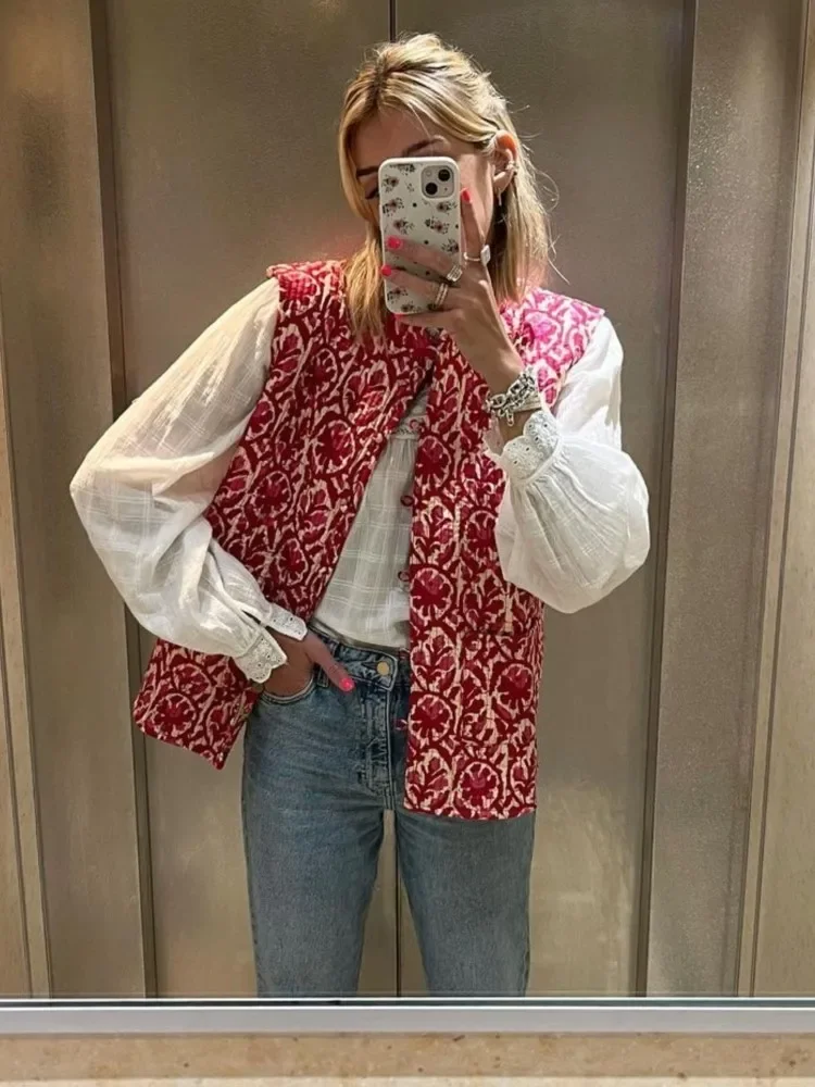 

Women Printed Embroidery Reversible Vest Jacket Vintage National Style Casual Patchwork Vests 2023 Elegant Streetwear Waistcoat