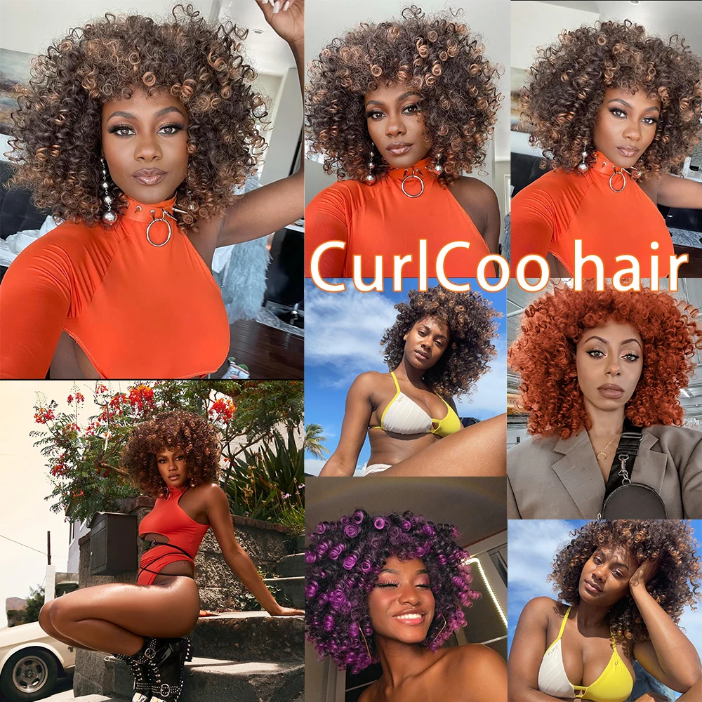 Short Afro Kinky Curly Wigs With Bangs For Black Women Synthetic Ombre Natural Heat Resistant Hair Brown Cosplay Highlight Wigs