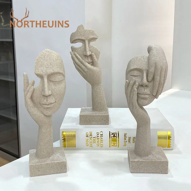 

NORTHEUINS 25cm Resin Sandstone Abstract Mask Figurines Nordic Human Face Statue Home Office Living Room Tabletop Decor Objects