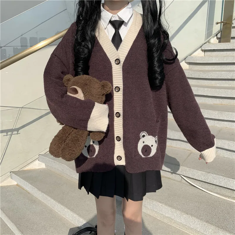 

Japanese Jk School Uniform Kawaii Women Sweater Y2k 2024 Sweaters Sweet Preppy Style Cute Bear Cartoon Print Knitting Cardigan