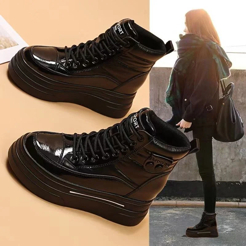 

Black Winter 2023 Shoes for Women Leather Boot Snow Boots Woman Chunky Flat Platform Footwear Booties Shoe Warm Low Short Barrel