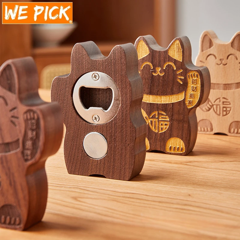 

WePick NO.57 Funny Wood Refrigerator Sticker Bottle Opener Kitchen Tool Drink Beer Creative Fortune Cat Black Walnut Lid Openers