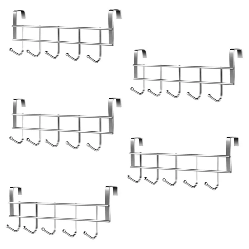 

5X Over The Door 5 Hooks Home Bathroom Organizer Rack Clothes Coat Hat Towel Hanger Stainless Steel Good Load-Bearing Promotion