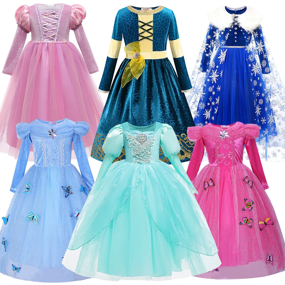 

2-10 Years Old Kid Halloween Costume Princess Ariel Ball Gown Cinderella Merida Rapunzel Dress Girl Birthday Party Fantasy Frock