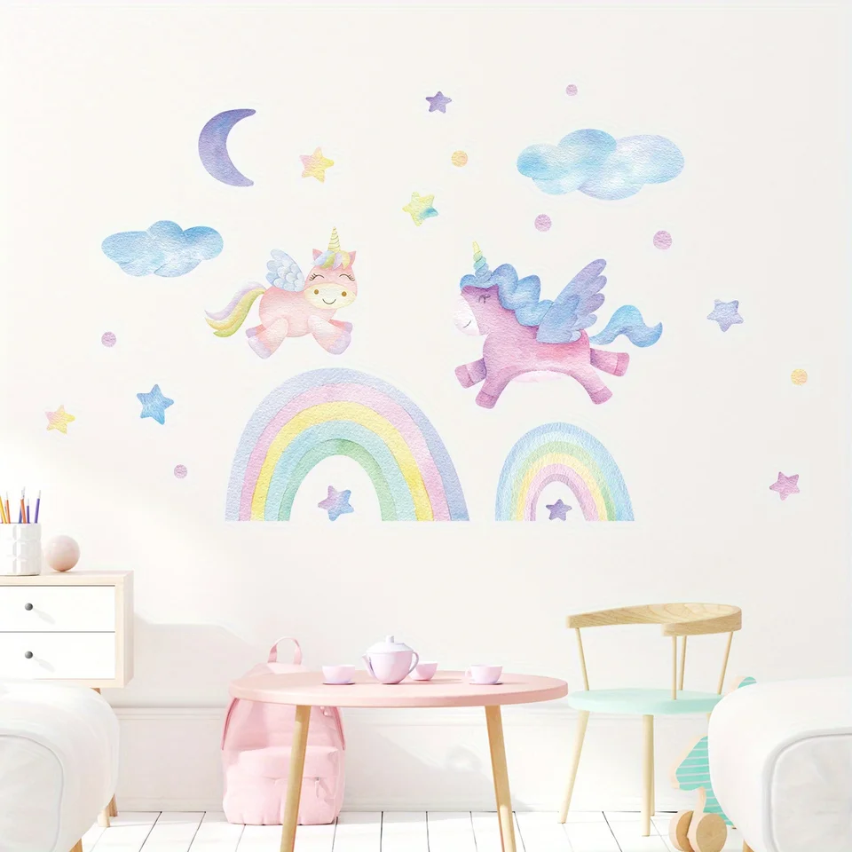 Unicorn Wall Stickers - Rainbow & Stars Removable Decal For Nursery, Kids Room, DIY Peel & Stick Vinyl Art