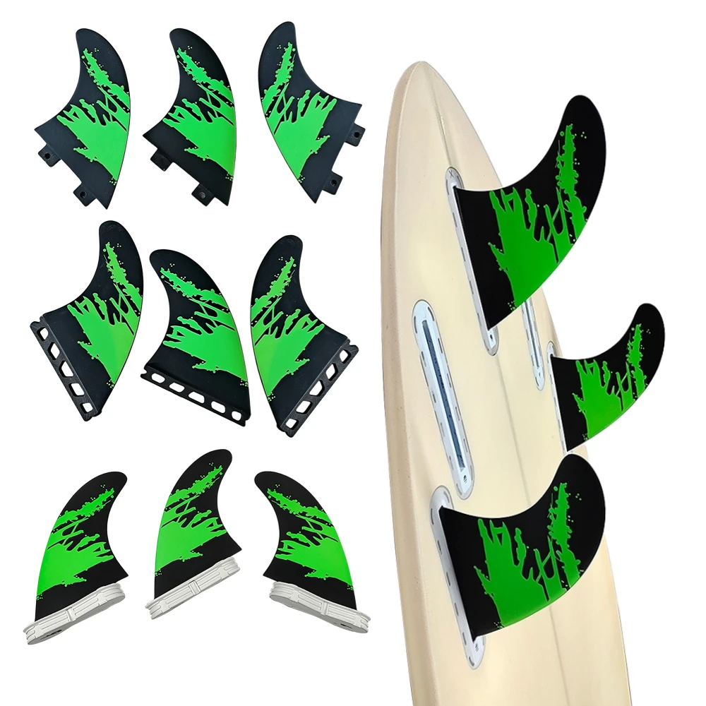 Surfboard Fins 3 Base -M Size High Porformance Fiberglass 3 Fins Green Surf Fins Thruster Surfing Tri Fins Set For Shortboard