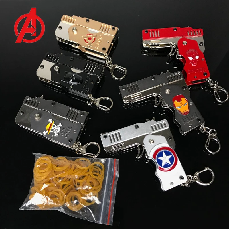Anime Marvel Mini Rubber Band Gun Toys Cartoon Spiderman Superhero Metal Six Bursts Folded Keychain Toy for Children Gifts | Игрушки и