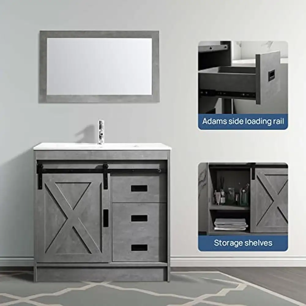 Description Picture 4 of item36" Bathroom Vanity Set with Ceramic Basin Sink Mirror and Chrome Faucet Storage Space Modern Design Easy Assembly Grey Wood