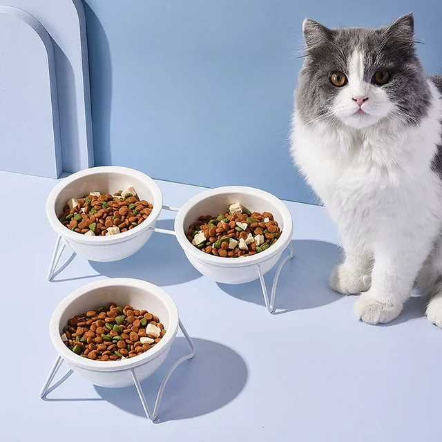 Cat Ceramic Double Food Water Bowls White Small Dog Drinking Eating Feeding Bowl with Stand Pet Neck Guard Feeders 5
