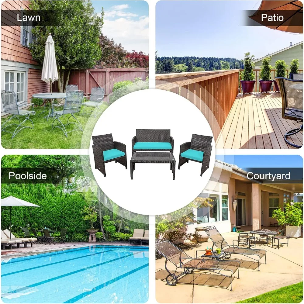 4 Pieces Wicker Patio Furniture Set, Outdoor PE Rattan Conversation Set with Chairs,Loveseat, Coffee Table,Cushions for Poolside 6