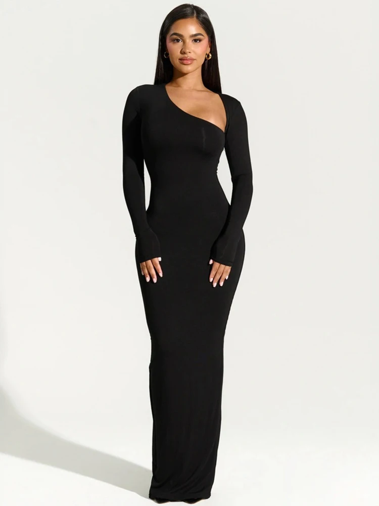Sexy Black Evening Party Dress Women Elegant Fall Winter Outfits Asymmetrical Long Sleeve Night Club Party Split Maxi Dresses 5