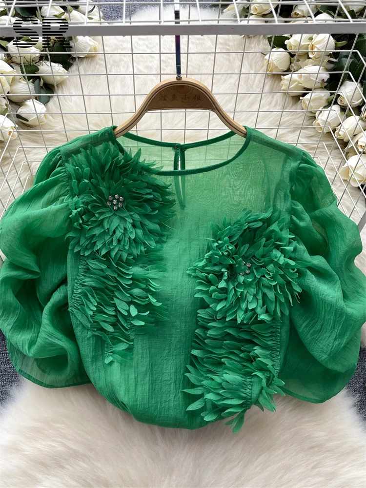 SINGREINY Diamond Senior Chiffon Blouses Women 3D Flower