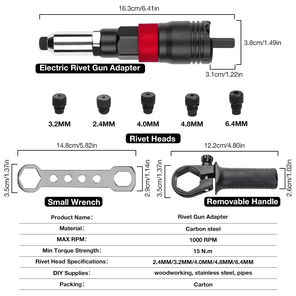 Electric Rivet Gun Electric Drill Rivet Gun Adapter Cordless Riveting Tool Kit Plug-in Tool 2.4mm/3.2mm/4.0mm/4.8mm/6.4mm
