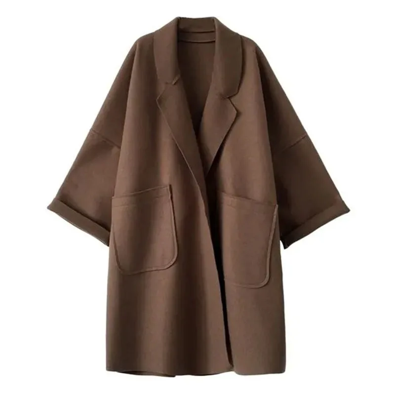 

Женское шерстяное пальто, плотное теплое Свободное длинное шерстяное пальто, приталенная однотонная однобортная куртка, Осень-зима 2023